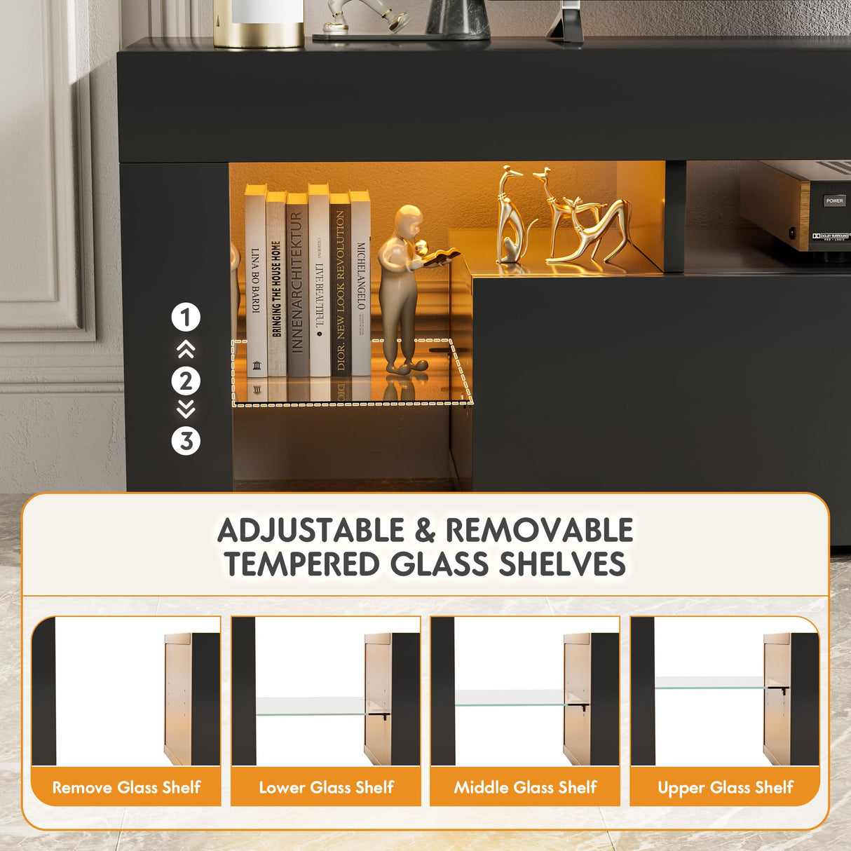 YESHOMY Modern LED TV Stand for Televisions up to 70 Inch with Glass Shelves and Drawer, Gaming Entertainment Center with Multiple Dynamic RGB Modes, for Livingroom, Bedroom, 60 Inch, Black YESHOMY