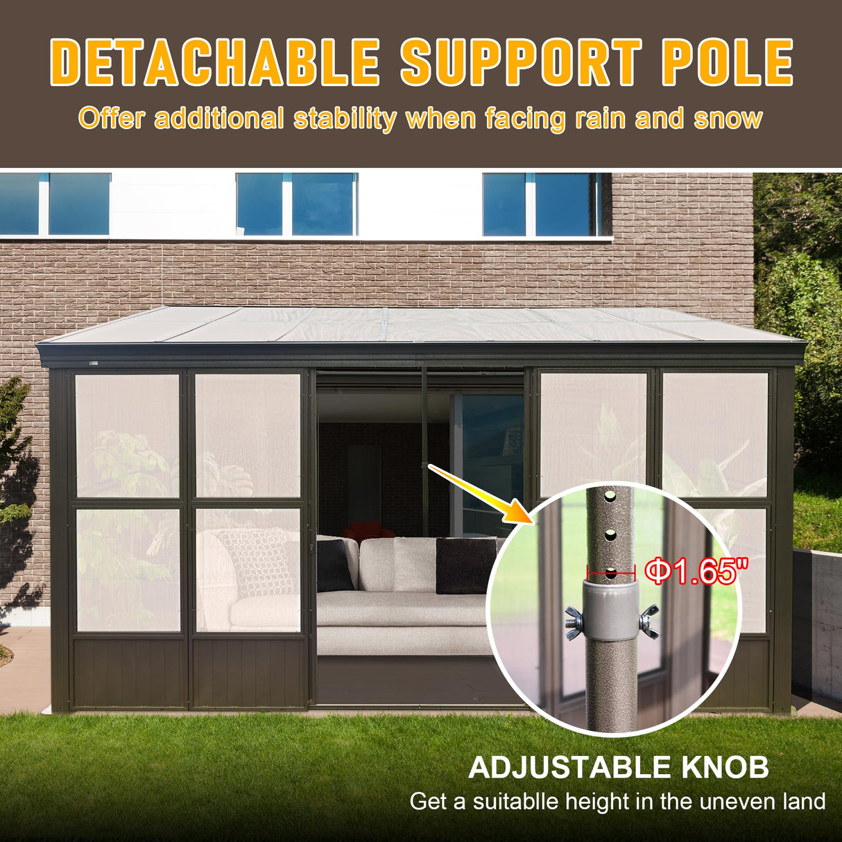 Domi Lean-to Sunroom 12x14FT, Wall Mounted Solarium with Sloping Polycarbonate Roof, Detachable Polycarbonate Screens, 2 Lockable Sliding Doors, Aluminum Gazebo Against Wall Sun Room for Patio Deck domi outdoor living