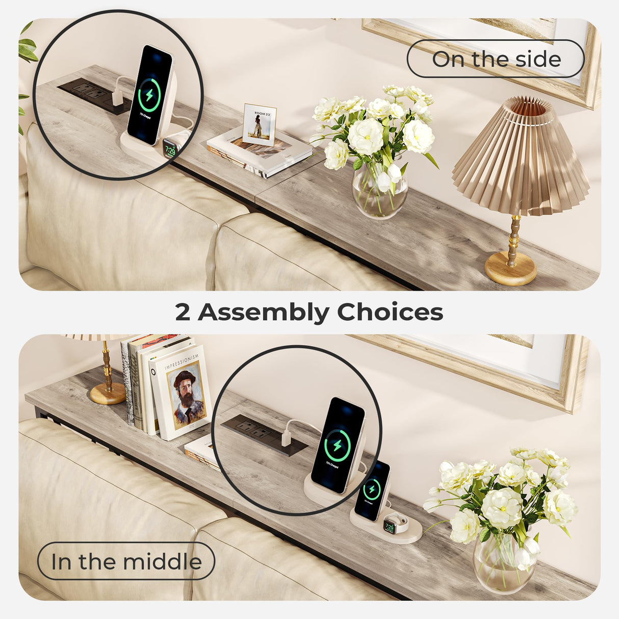 SUPERJARE 70 Inch Console Table with 2 Outlets, 1 Type-C and 1 USB Port, Extra Long Entryway Table with Metal Frame and X-Shaped Bars, Narrow Sofa Table for Living Room, Hallway, Grey Oak SUPERJARE