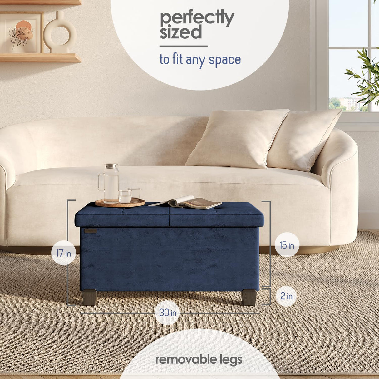 STORAGEBUD Storage Ottoman Bench with Bins, 30-in Storage Bench for Bedroom End of Bed, Folding Foot Rest Ottoman for Living Room Max 660lbs, Velvet Ottomans, Blue STORAGEBUD