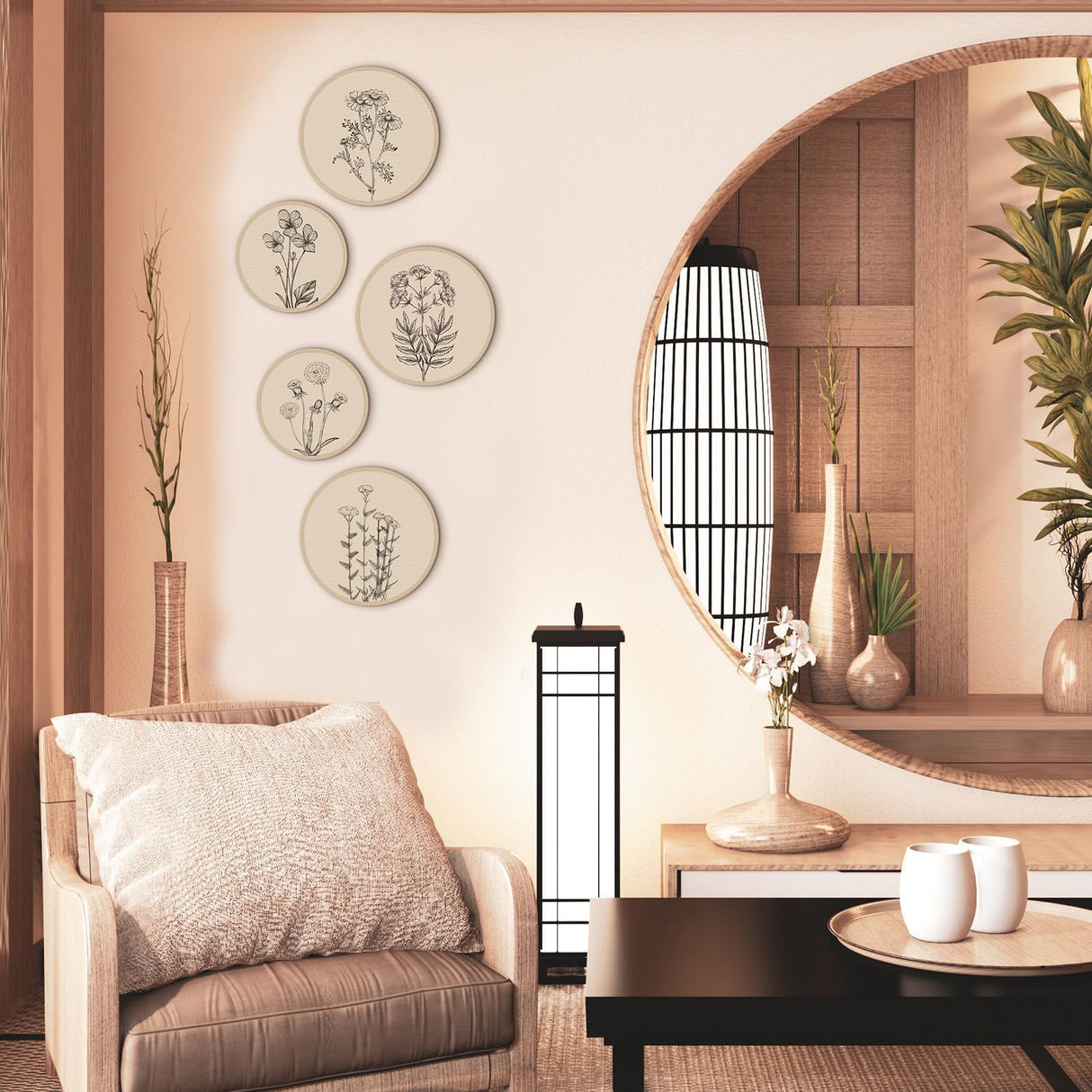 Qunclay 5 Pcs Wall Art Decor Wooden Living Room Wall Decor Bohemian Hanging Farmhouse Geometric 10'' and 8'' Aesthetic Wood Minimalist Posters for Bedroom(Floral) Qunclay