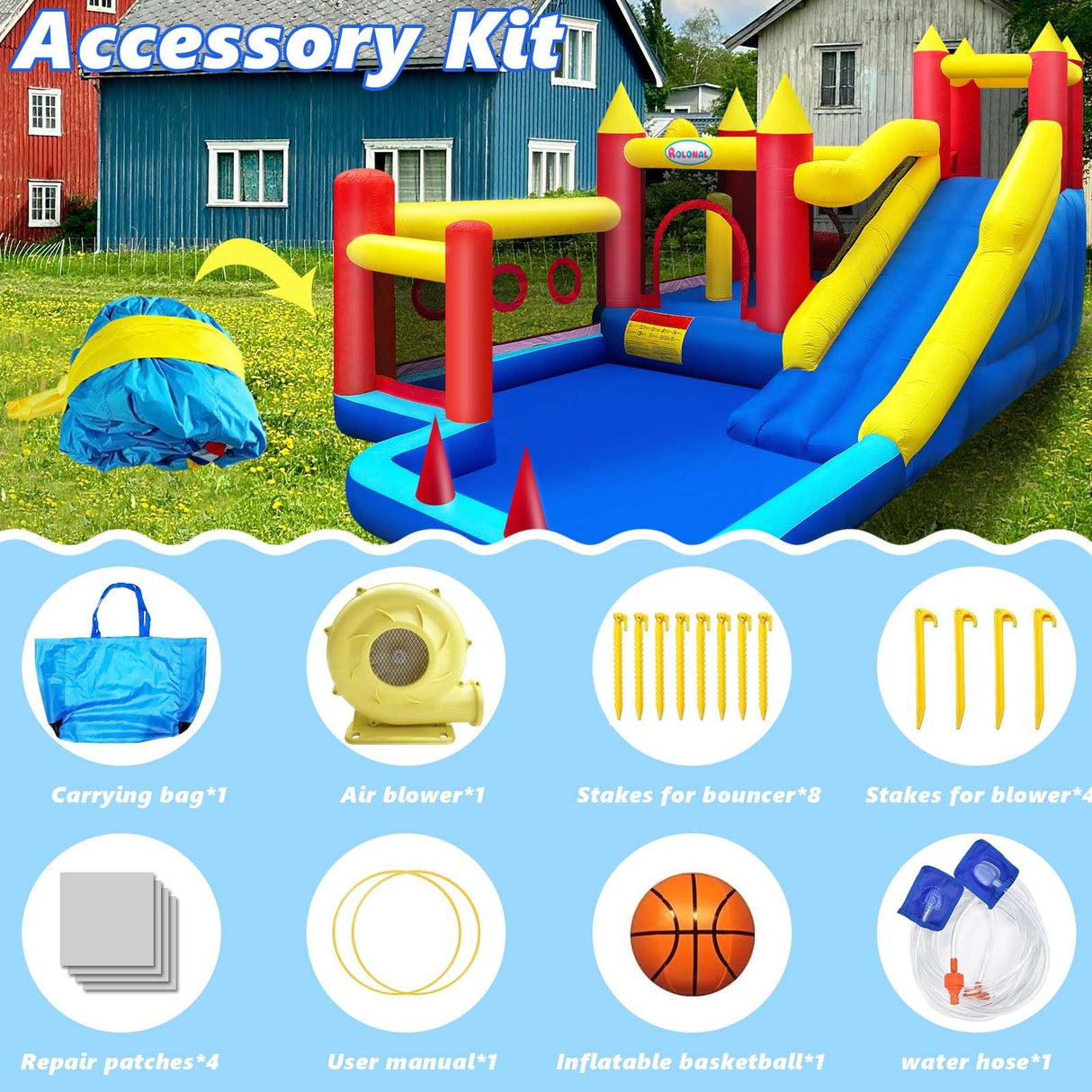 rolonal Bounce House,Inflatable Bouncer with Air Blower for Kids 3-10,Outdoor and Indoor Jumping Castle with Long Slide,Trampoline,Obstacles,Climbing Wall,Ball Pit/Water Pool rolonal