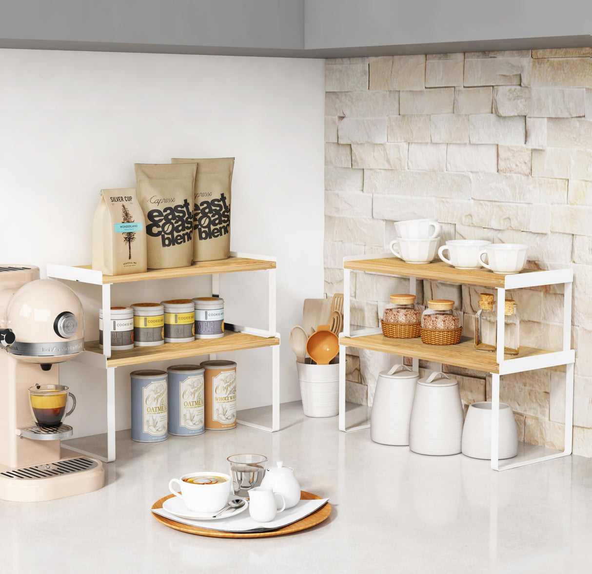 Goozii Large Kitchen Cabinet Organizer Shelf Set of 4, White Stackable Countertop Organizer for Kitchen Counter, Organizers and Storage Rack for Spices Plate (Bamboo Wood) Goozii