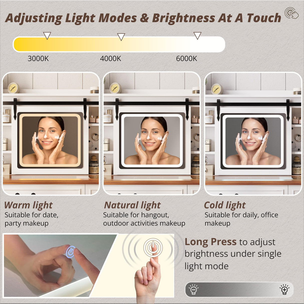 IRONCK Farmhouse Makeup Vanity Desk with Sliding Mirror and Lights,41" W Vanity Desk with Glass Tabletop&Charging Station &Drawers, Rustic Big Vanity Set for Bedroom, Stool Included, White/Walnut IRONCK