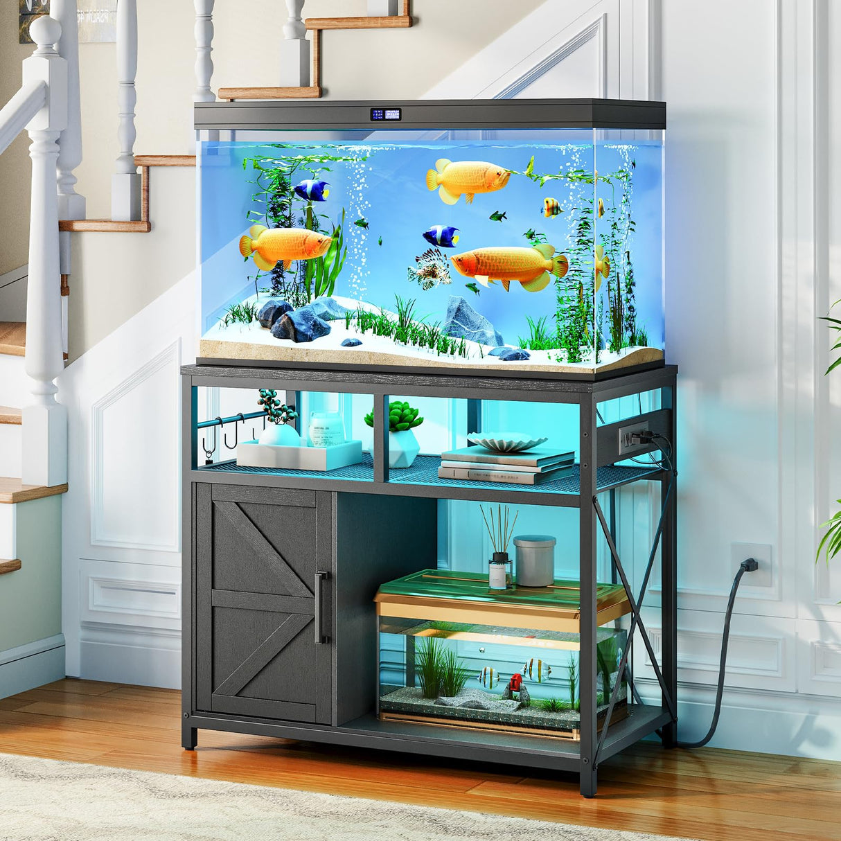 HOOBRO 40-50 Gallon Fish Tank Stand with Power Outlet and LED Light, Metal Frame Aquarium Stand with Cabinet Storage, for Reptile Turtle Tank, 440 LBS Capacity, 36.6'' L x 18.9'' W, Black BB93UDFT01 HOOBRO