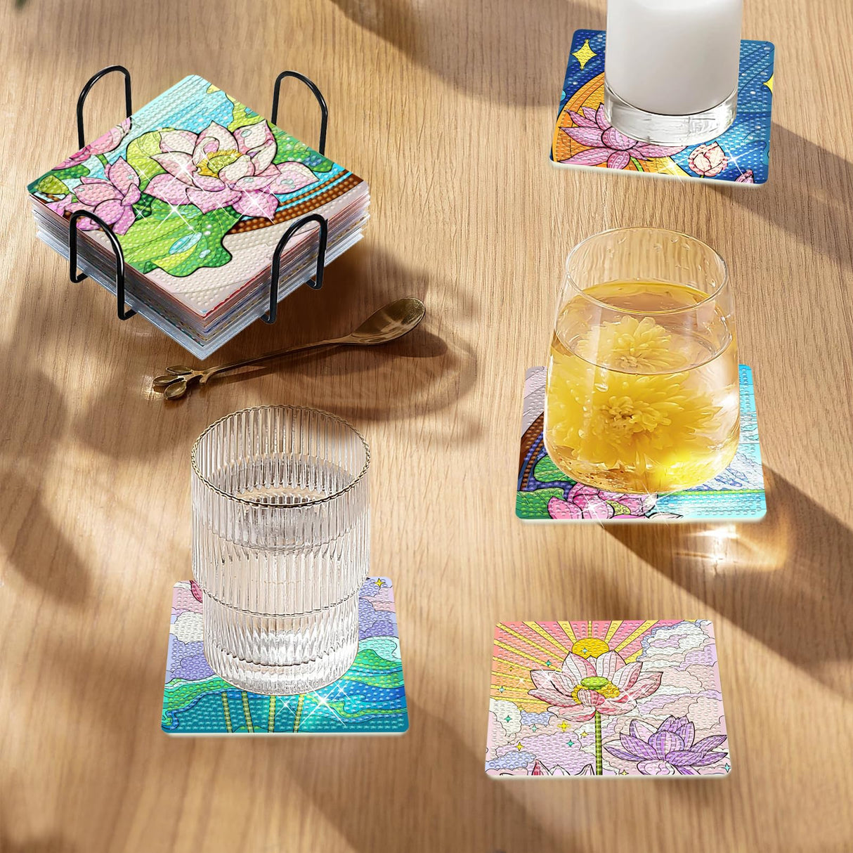 TDOOW Diamond Painting Coasters Kits, 8 Pcs Diamond Art Coasters with Holder, Crafts Kits for DIY Coasters, Diamond Art Kits for Adults-Square Lotus Pattern TDOOW