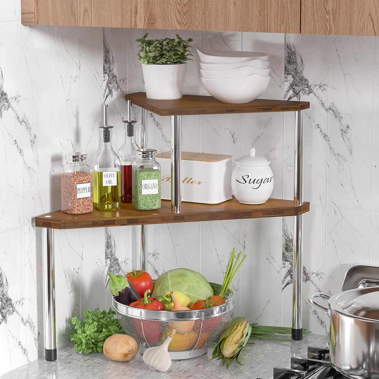 Weenson Bathroom Organizer Countertop, Bathroom Sink Organizer for Toiletries, Makeup, Skincare, Bamboo 2-Tier Kitchen Countertop Organizer for Spice Salt (Brwon) Weenson