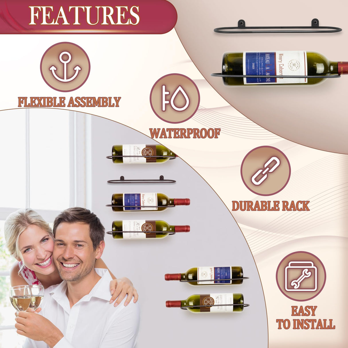 AQAREA Wall Mounted Wine Rack: Metal Wall Wine Bottle Holder - for Wine Cellar Home Kitchen Bar Decor - 8Pcs AQAREA