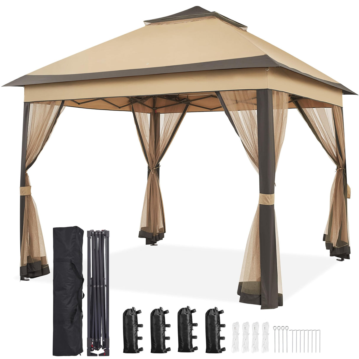 Yaheetech 11x11 Pop Up Gazebo Outdoor Canopy Shelter, Instant Patio Gazebo Sun Shade Canopy Tent with 4 Sandbags, Double Tiers & Mesh Netting for Lawn, Garden, Backyard & Deck, Khaki Yaheetech