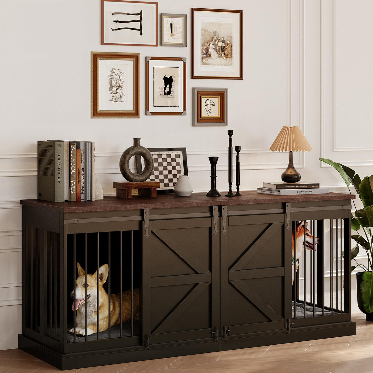 Dog Crate Furniture - Indoor Wooden Dog Kennel with Room Divider and Double Sliding Barn Doors - 71”x23.6”x31.5”H, Black Faceket