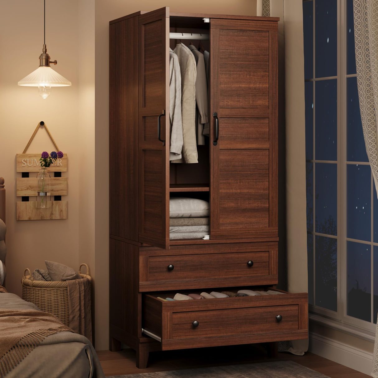 GarveeHome Armoire Wardrobe Closet with 2 Drawers,72 in Wooden Wardrobe Cabinet with Hanging Rod, Tall Clothing Armoire Cabinet with Doors and 18 Adjustable Shelves for Bedroom, Clothes,Walunt Brown GarveeHome
