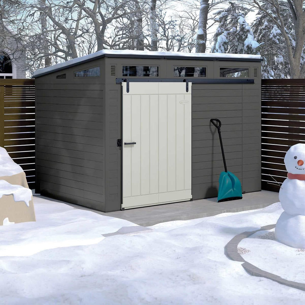 Suncast Modernist 10 Foot by 7 Foot Outdoor Plastic Storage Shed with Pad Lockable Sliding Barn Door for Outdoor Storage Items, Gray and Black Suncast