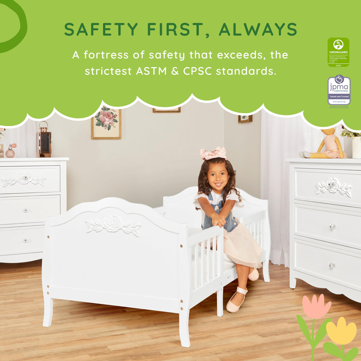 SweetPea Baby Rose 3-in-1 Convertible Toddler Bed in White, Greenguard Gold Certified, JPMA Certified, Safety Rails, Made of Sustainable New Zealand Pinewood Sweetpea Baby