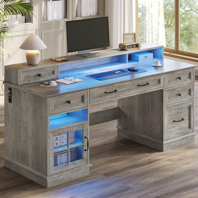 HAUOMS Farmhouse Executive Desk with Drawers Computer Desk with File Drawers, Power Outlet and Led Lights, Executive Office Desk with Storage Cabinet and Monitor Shelf for Home Office, Grey