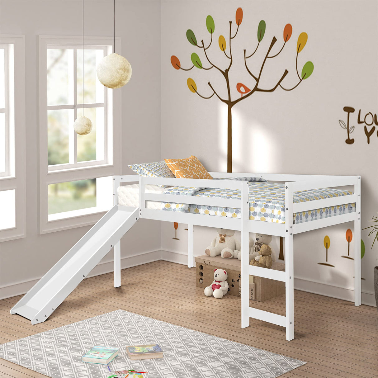 Harper & Bright Designs Kids Low Loft Bed with Slide, Twin Size Wooden Loft Bed Frame, White Harper & Bright Designs