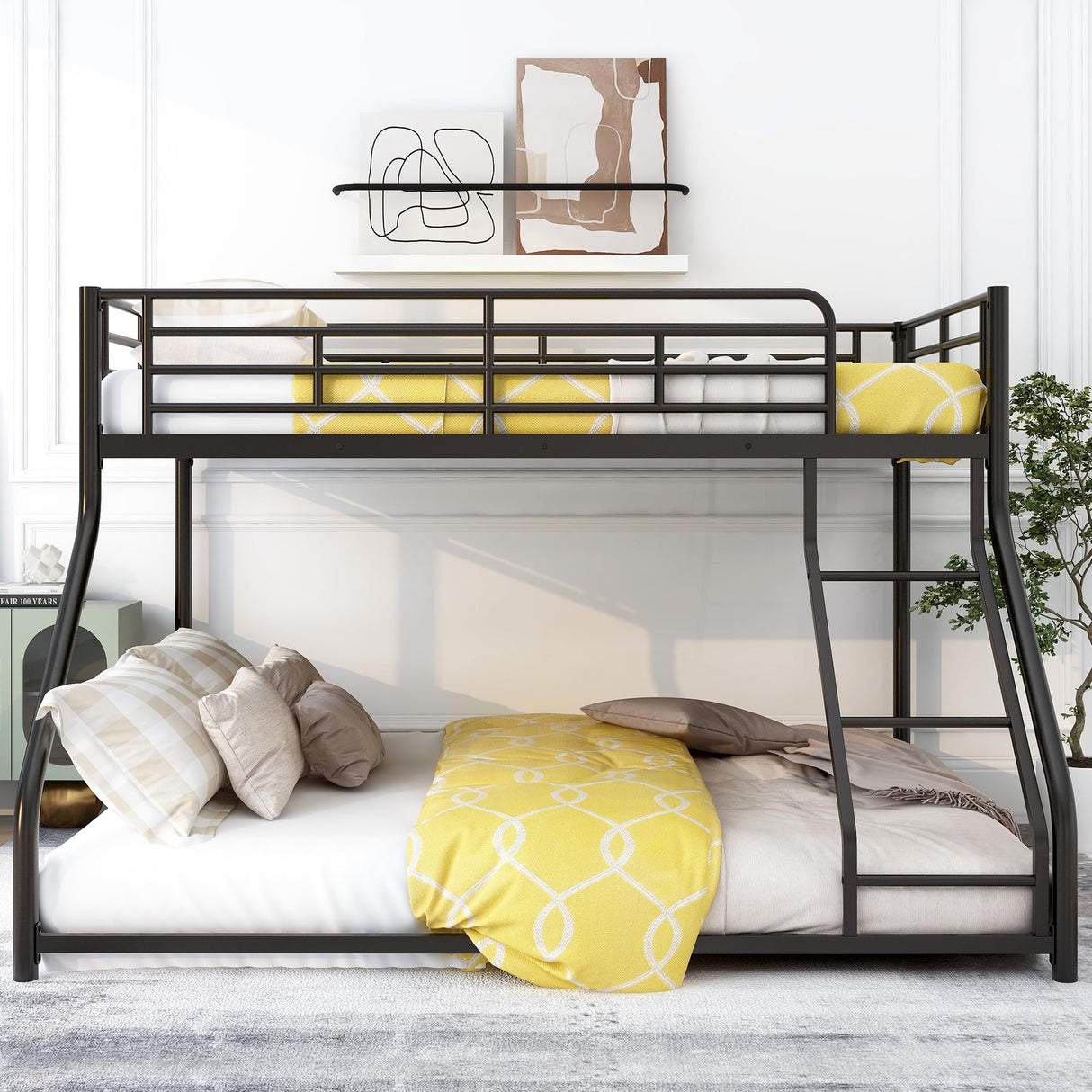 Bellemave Twin Over Queen Bunk Bed, Floor Bunk Bed, Heavy Duty Metal Bunk Bed Frame, Queen bunk Bed for Adults, Adult bunk beds Heavy Duty, Twin XL Bunk Bed, Black Bellemave