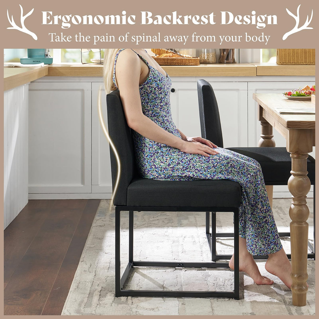 AMERLIFE Mid Century Linen Dining Chairs Set of 6, Modern Upholstered Dinner Chairs with Metal Frame for Restaurant, Dining Room, Kitchen, Black Padded Chairs AMERLIFE