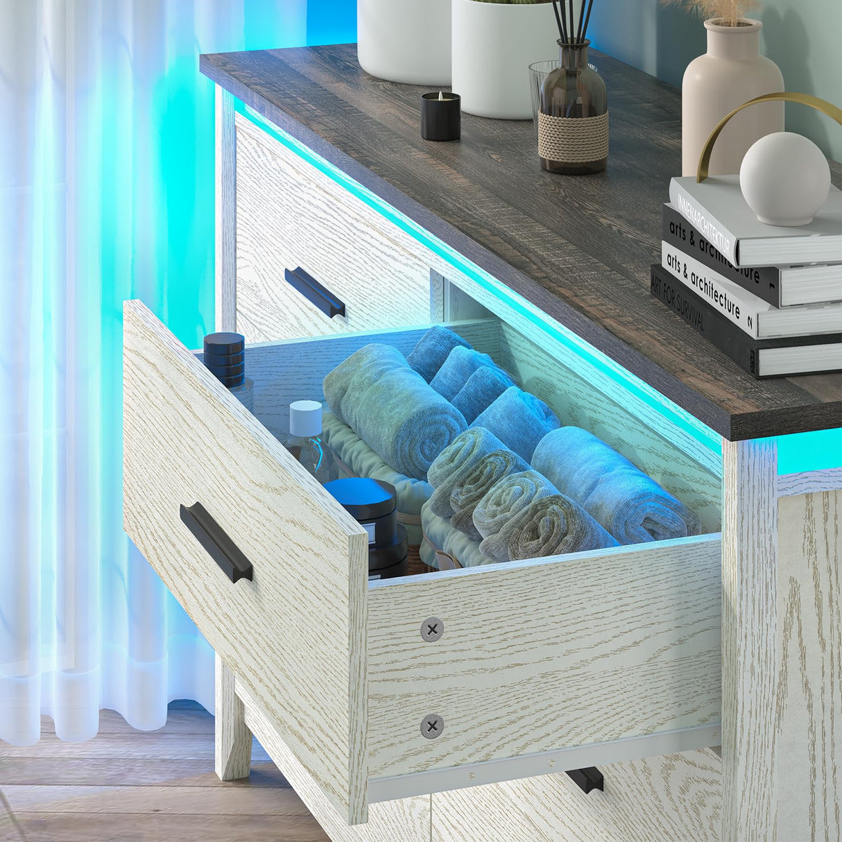 TVU Farmhouse 6 Drawers Wood Dresser with LED, Storage Dresser for Bedroom, Wide Chest of Drawer with Metal Handles TVU