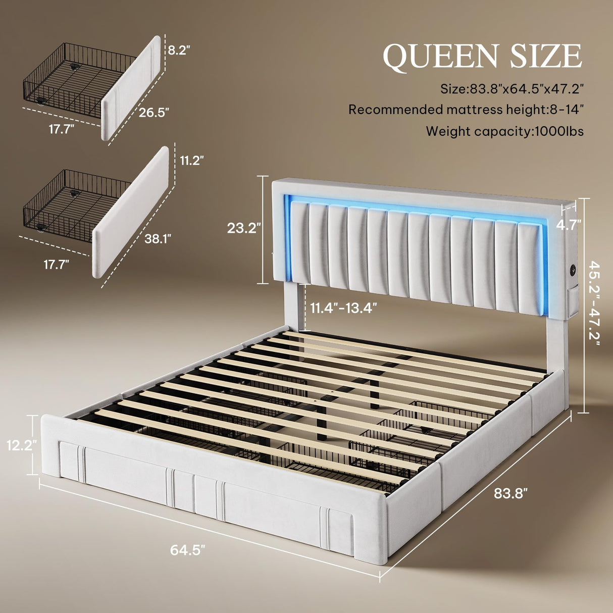 YITAHOME Queen Size Bed Frame with Adjustable Headboard, 4 Storage Drawers and RGB LED Lights, Velvet Upholstered Platform Bed with USB Ports, No Box Spring Needed, Fast Assembly, Noise-Free, White YITAHOME