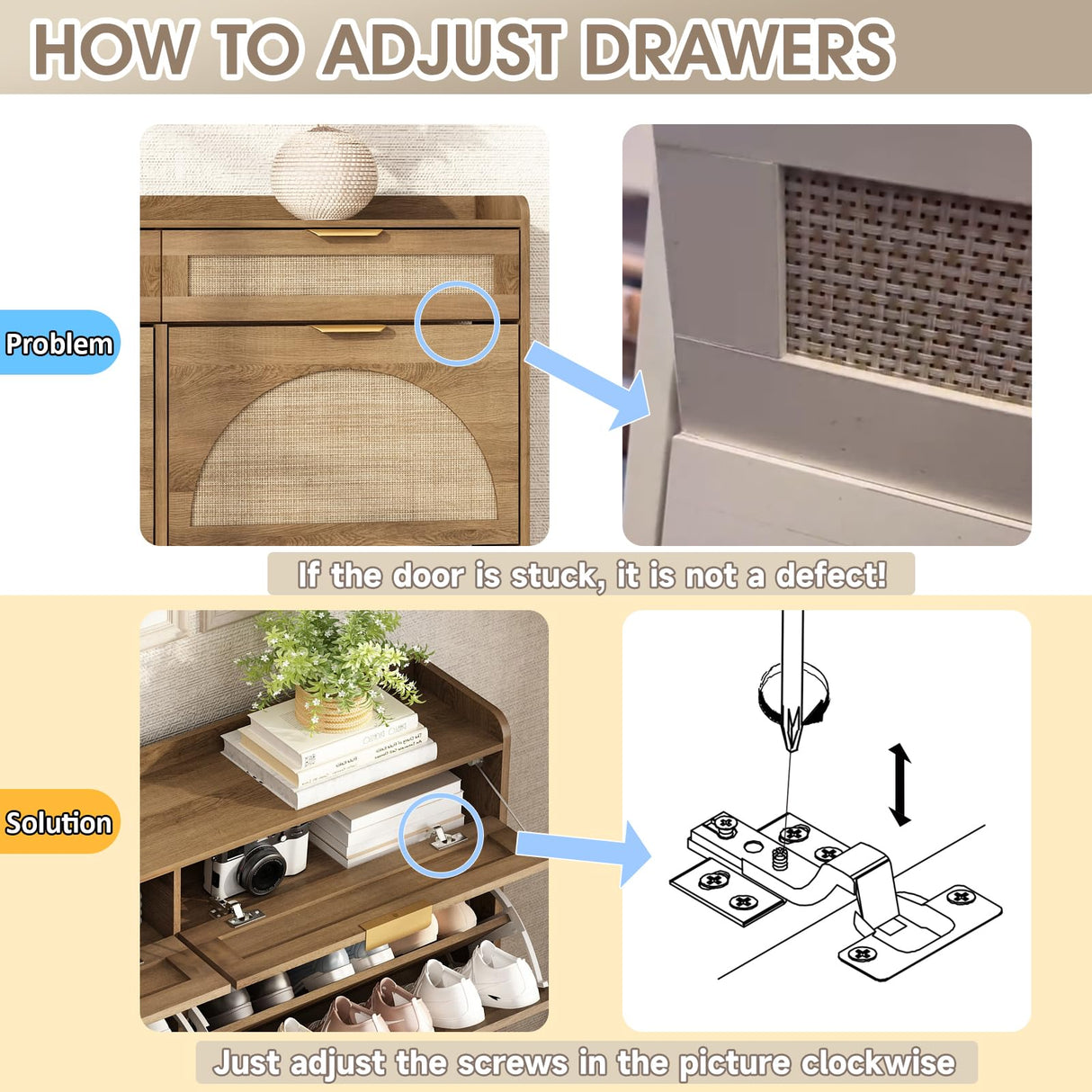 WINWY Rattan Shoe Storage Cabinet with 4 Flip Drawers & 2 Drawers, Freestanding Organizer for Front Door Entrance, Hidden Narrow Shoe Rack Cabinet Storage for Entryway, Rustic Oak Rattan WINWY