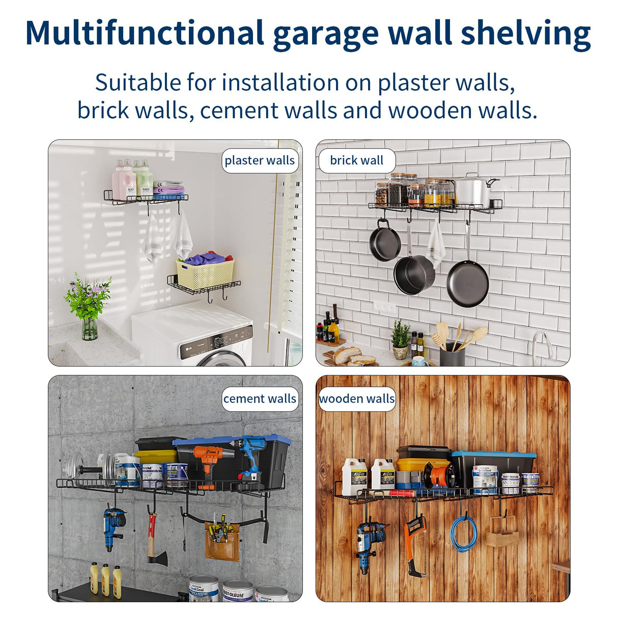 2 Pack Garage Wall Shelf, Wall Mounted Storage Shelves, Heavy Duty Metal Shelves for Room Wall, Loads 130 LBS Floating Shelves Mesh Storage Rack for Garage, Office, Basement,Wall Cabinet and Kitchen Riciakik