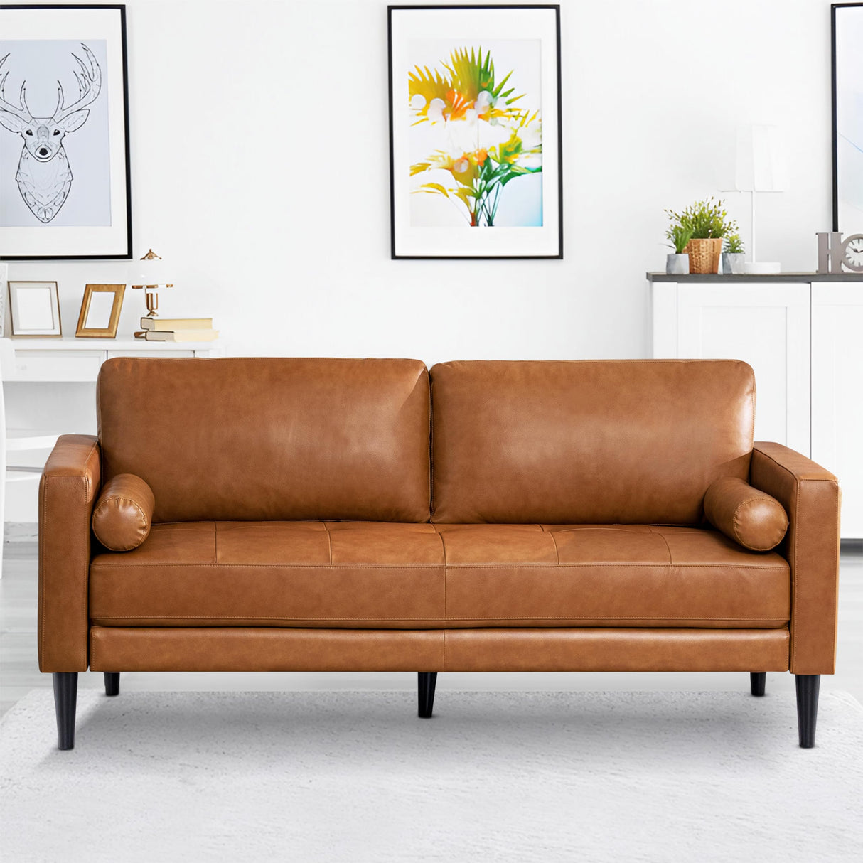 Naomi Home Genuine Leather Sofa - Revel in Exquisite Leather Opulence - Unparalleled Luxury Mid-Century Leather Sofa - Embodiment of Cozy Lounging and Contemporary Design Tan Naomi Home