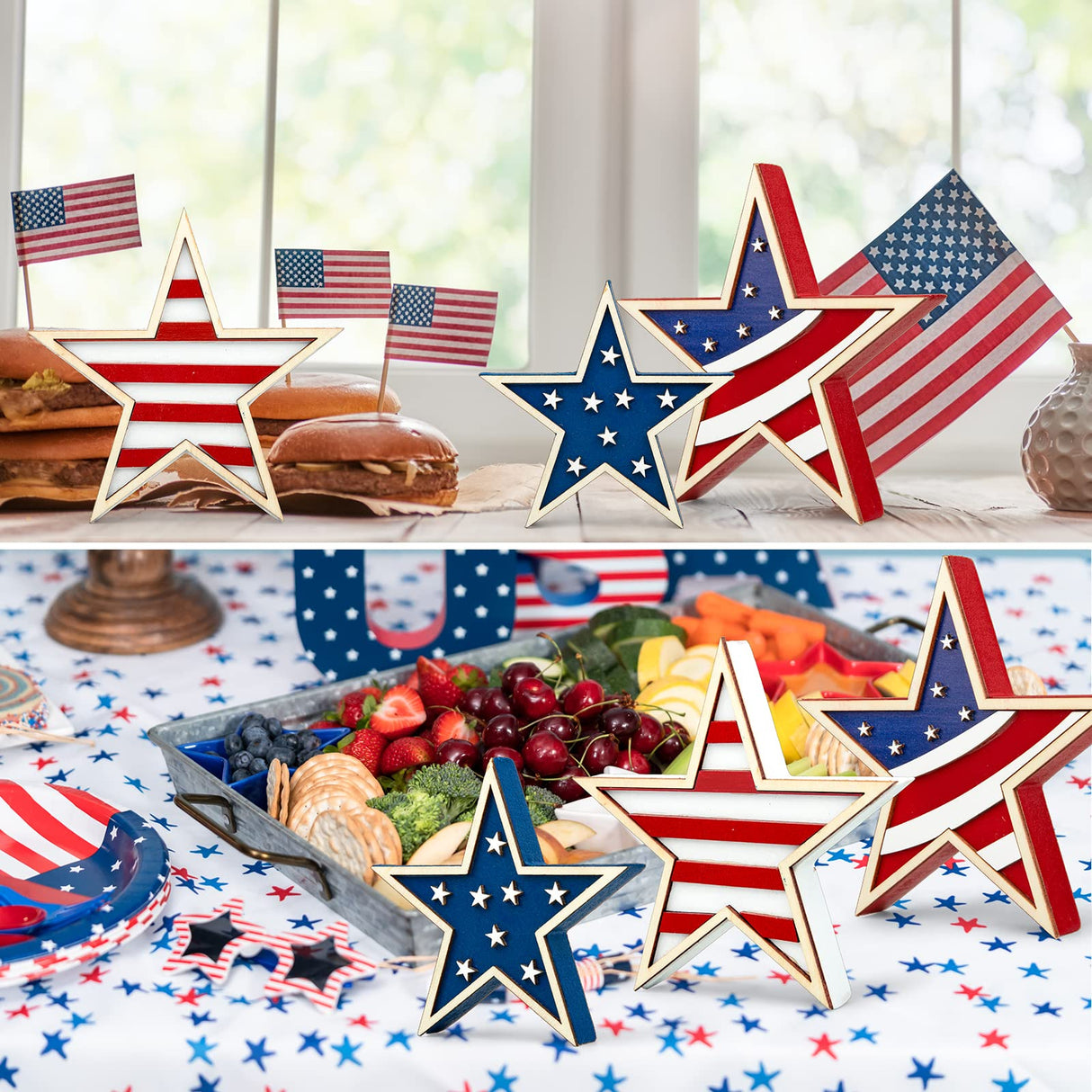 Whaline 4th of July Star Table Decor Patriotic Embossed Stars Stripes Wooden Sign American Flag Tiered Tray Table Centerpiece Farmhouse Wood Block Tabletop for Independence Day Memorial Day, 3Pcs Whaline