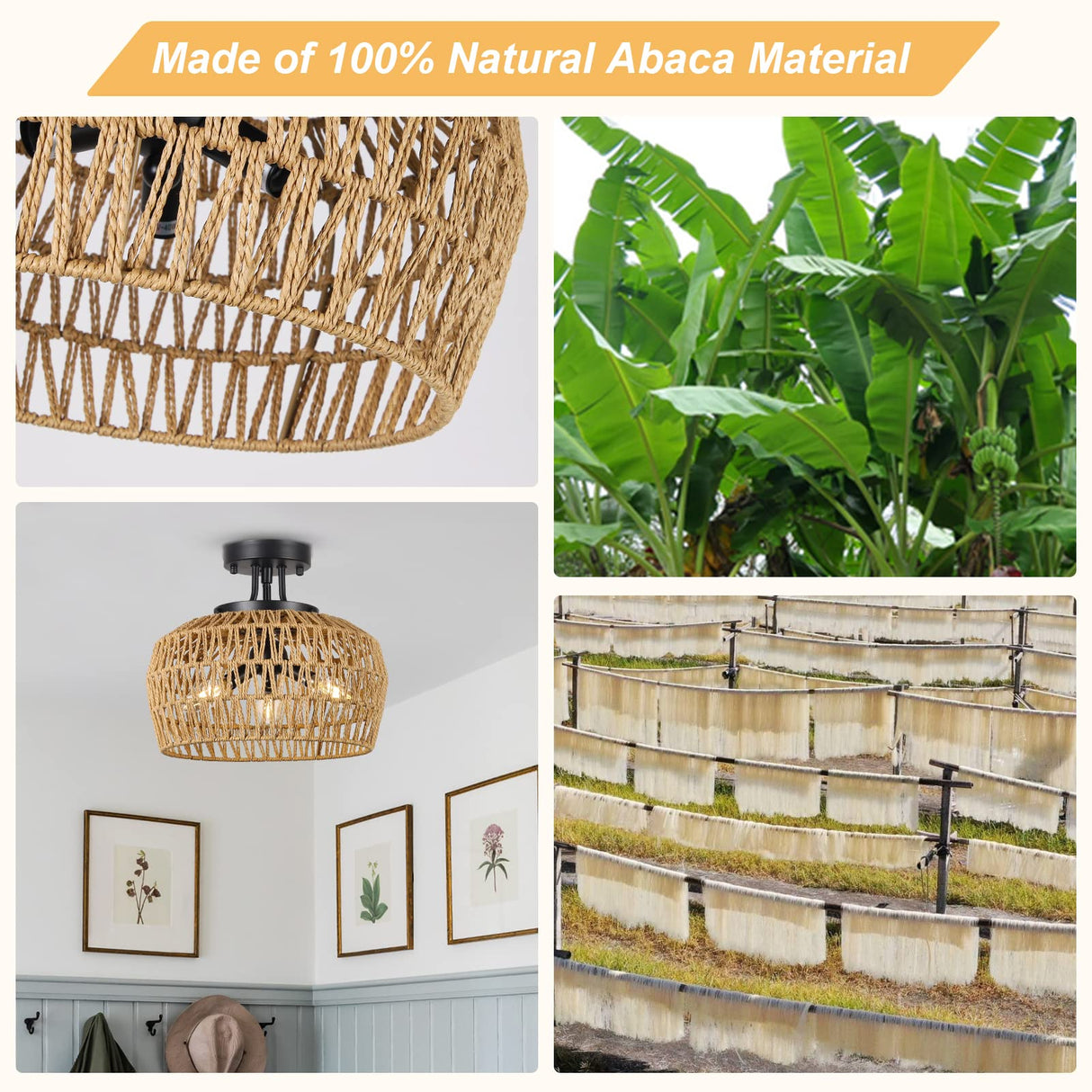 HMVPL Semi Flush Mount Ceiling Light, Rattan Light Fixture Ceiling Mount with Handmade Wicker Lampshade, 3-Lights Boho Chandelier, Woven Close to Ceiling Light for Bedroom Hallway Living Room Kitchen HMVPL