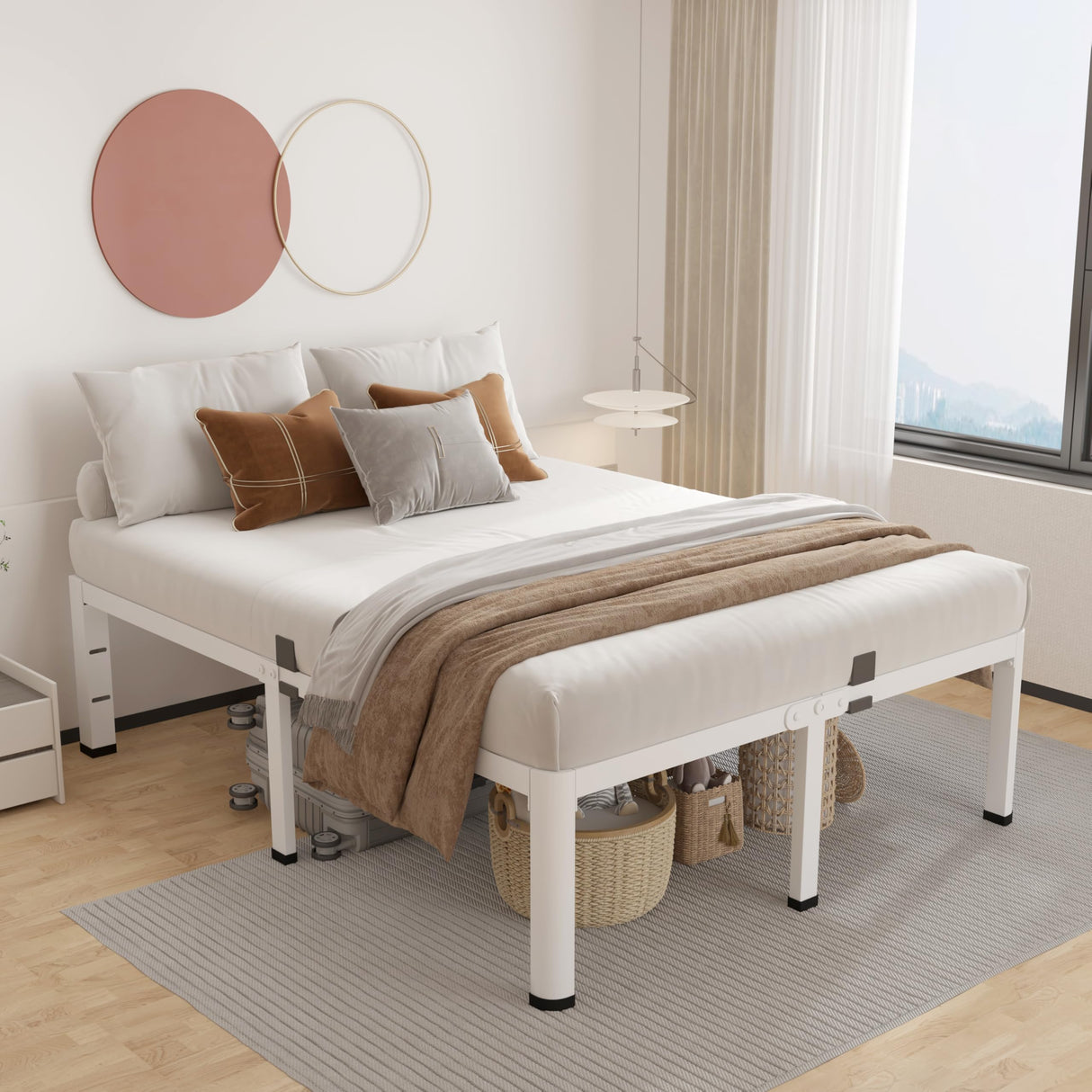 ROIL 14 Inch White Queen Bed Frame with Rounded Corner and Headboard Hole Mattress Retainers 3500LBS Heavy Duty Steel Slats No Box Spring Needed Platform Noise-Free Easy Assembly ROIL