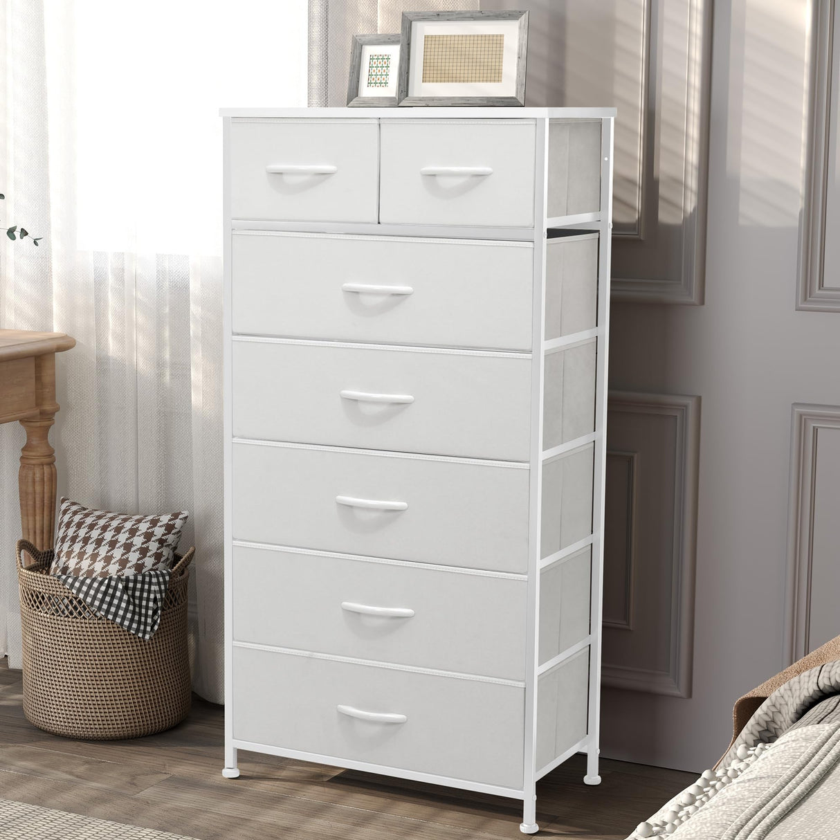 Pellebant Dresser for Bedroom with 7 Drawers, Tall Dresser Vertical Storage Tower, Sturdy Metal Frame, Fabric Storage Bins with Plastic Handle, Wooden Top, Organizer Unit for Closet/Hallway, White Pellebant