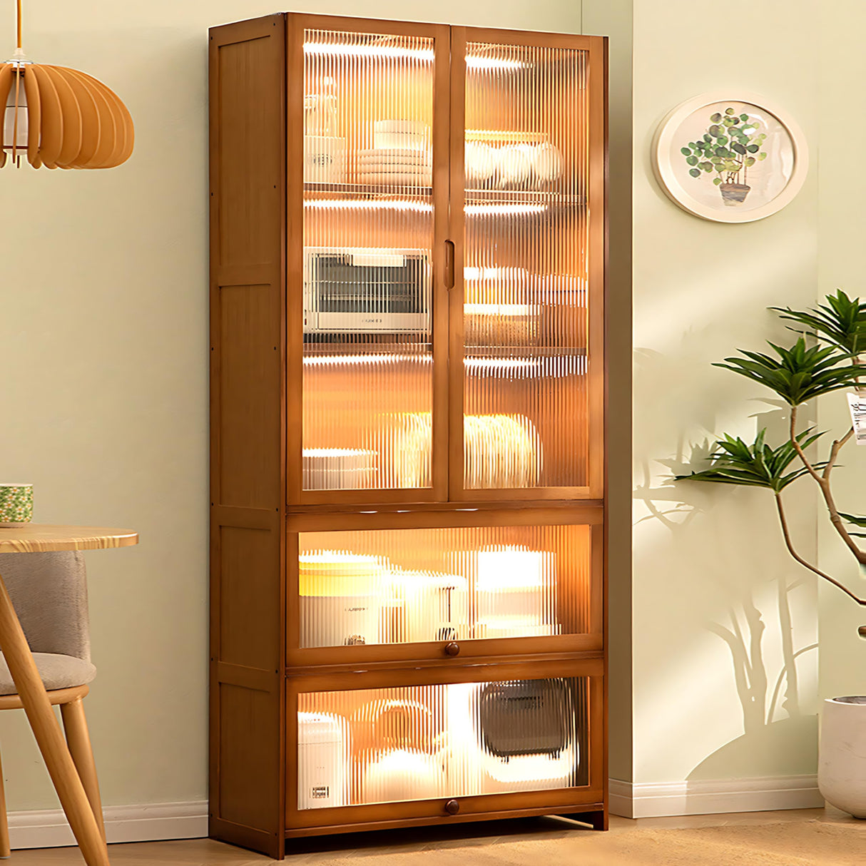 70" Bamboo Farmhouse Kitchen Pantry Cabinet with Acrylic Doors and Multi-Storage Drawers ouioyggk