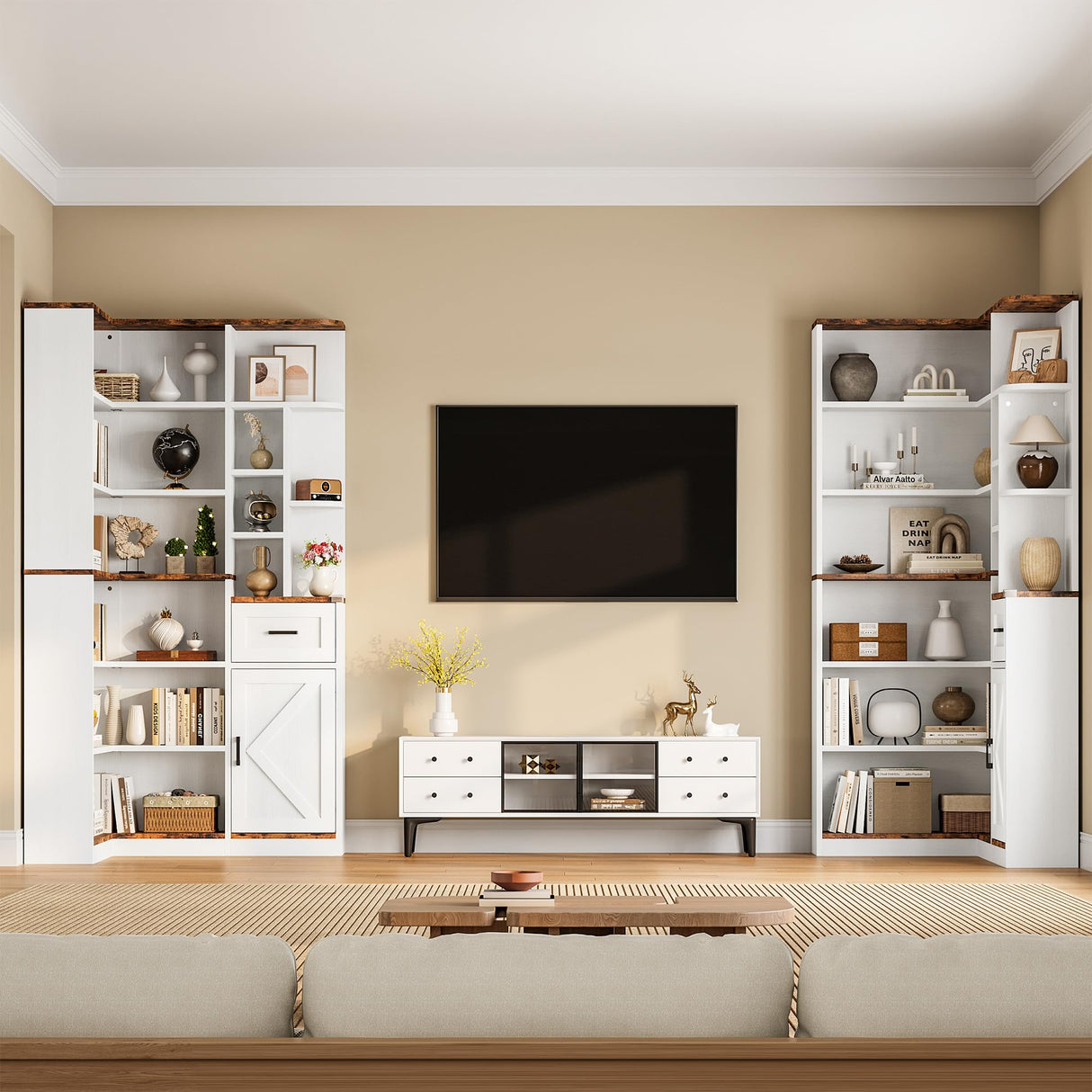 Garvee 74'' Tall Corner Bookshelf - 6-Tier Book Shelf with Drawer and Cabinets, l-Shaped Bookcase Open Storage Shelves Modern Display Shelf for Home, Office Garvee