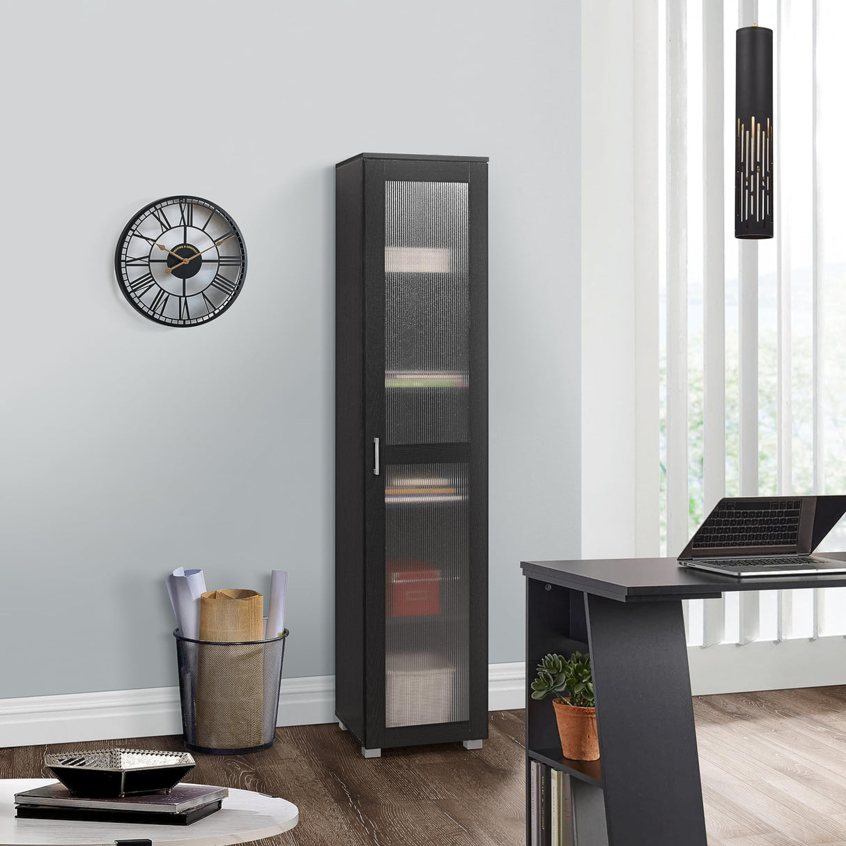 Kings Brand Furniture Romero Tall Curio Storage Cabinet - Versatile Black Bookshelf for Living Room, Kitchen, Bedroom & Office Kings Brand Furniture