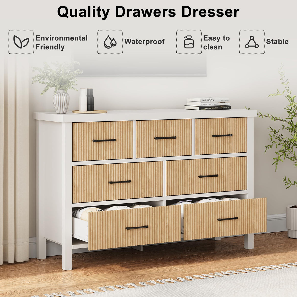 Jocoevol White Dresser 7 Drawer Dresser for Bedroom, Modern Fluted Dresser with Solid Wood Legs, Long Double Wooden Dresser Large Chest of Drawers for Living Room, Entryway, Hallway (Wood Fluted) Jocoevol