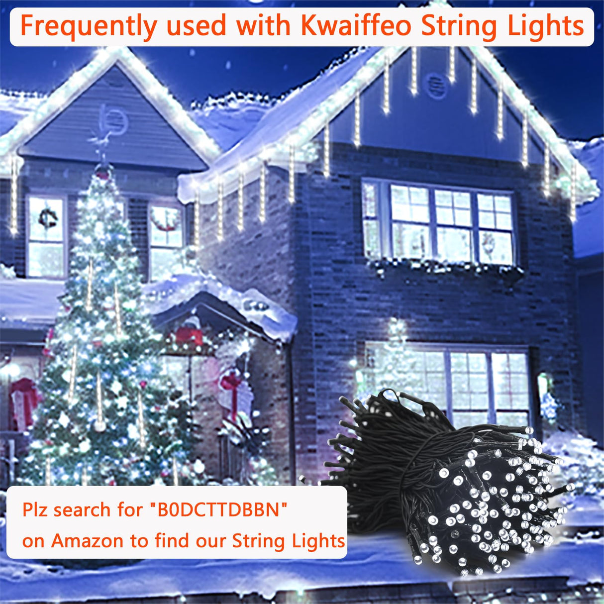 Kwaiffeo Christmas Lights Outdoor, 8 Tubes Meteor Shower Lights LED Snow Falling Icicle Cascading Lights for Xmas Tree Wedding Decoration Party, UL Plug, White Kwaiffeo