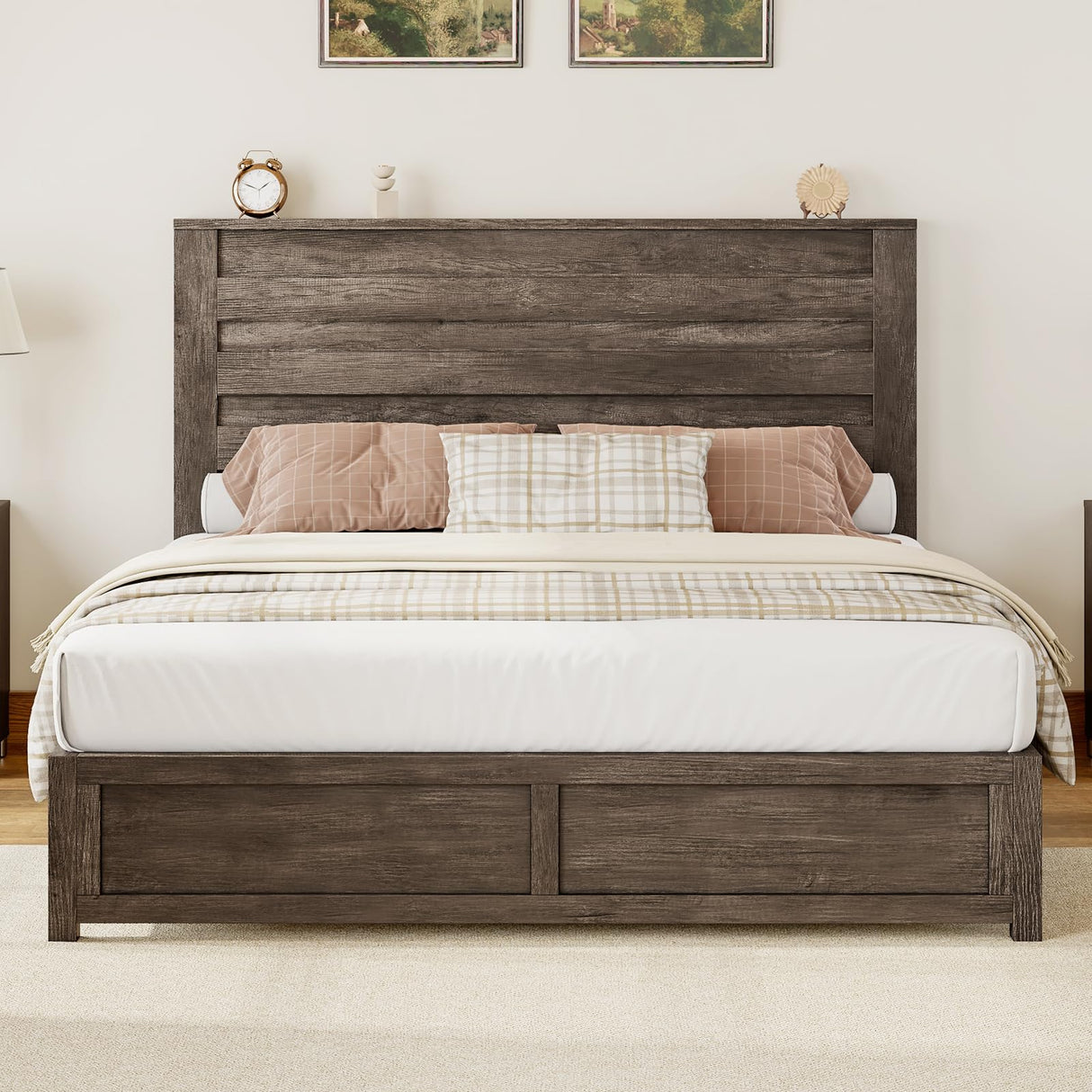Albott Rustic Grey King Size Wood Platform Bed Frame with Slatted Headboard and No Box Spring Needed Albott