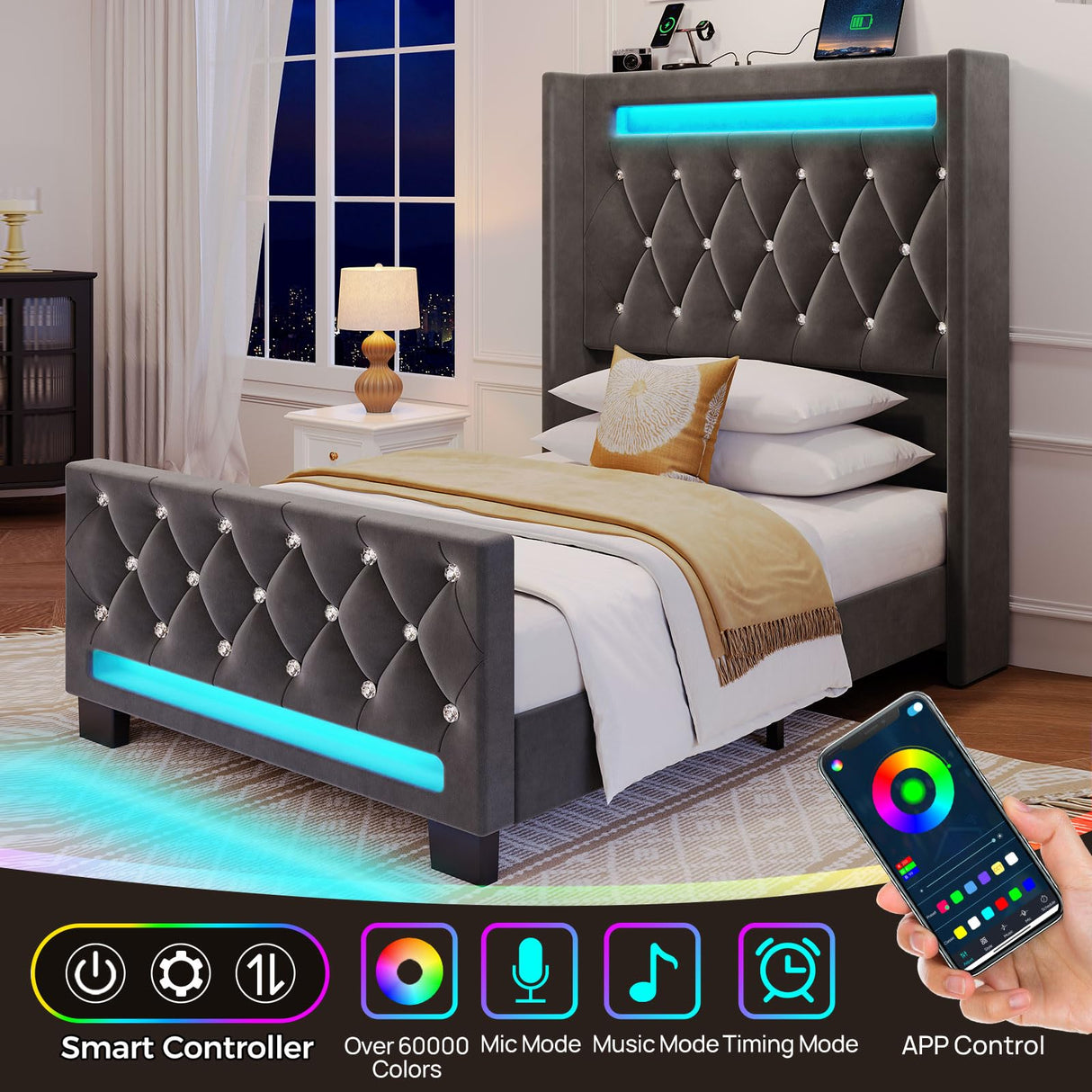 Rolanstar Twin Bed Frame with LED Light and Charging Station, Upholstered High Headboard and Footboard, Wood Slats, Noise Free, Easy Assembly, Grey Rolanstar