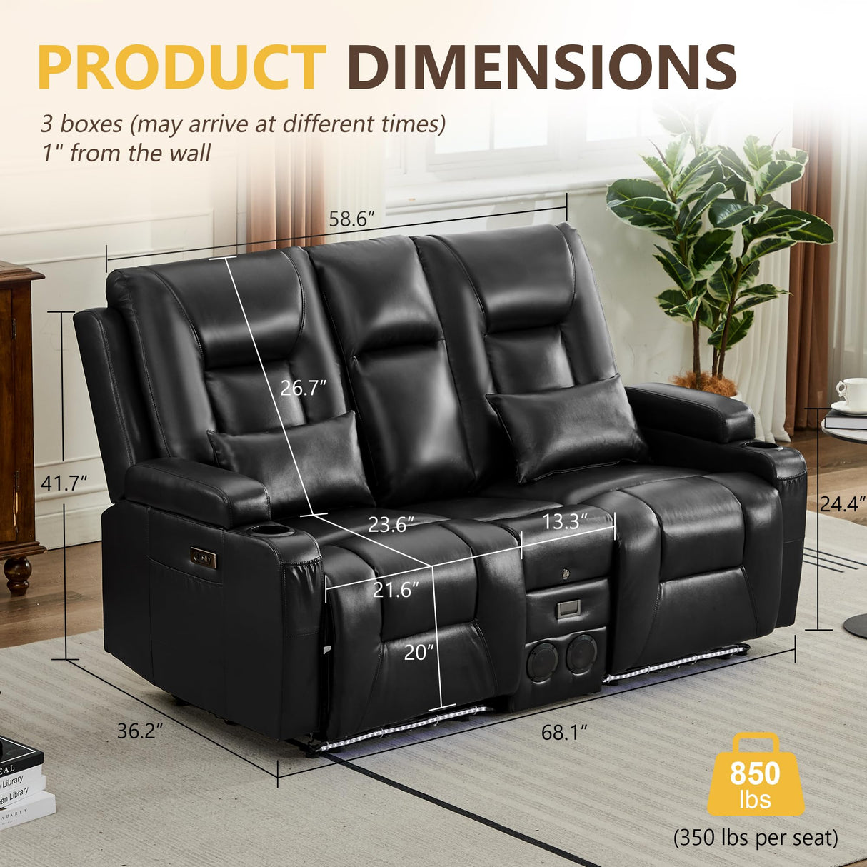 URRED Power Loveseat Recliner Sofa with Flipped Backrest Console, Wall Hugger RV Reclining Loveseat Sofa Couch with LED Light/Bluetooth Speakers/USB/Outlets/Cup Holders/Pillow/Side Pocket, Black URRED