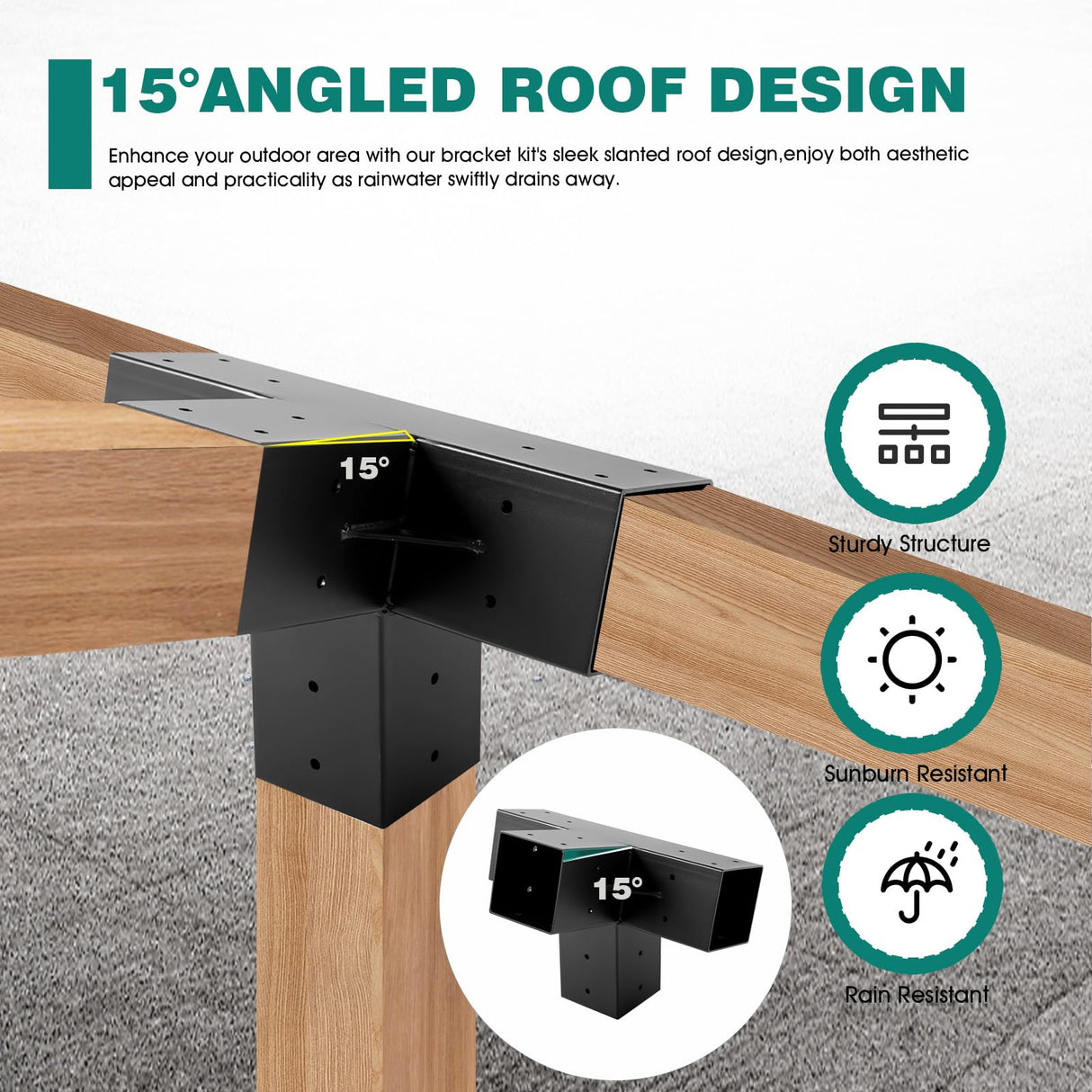 TOPTGO 3 PCS Pergola Brackets Kit,15° 4-Way Slanted Roof Pergola Bracket Set 4x4 (Actual: 3.5x3.5 in),Angle Corner Bracket with Post Base for Wooden Beams Lumber Gazebos Patio Pergola Sheds TOPTGO