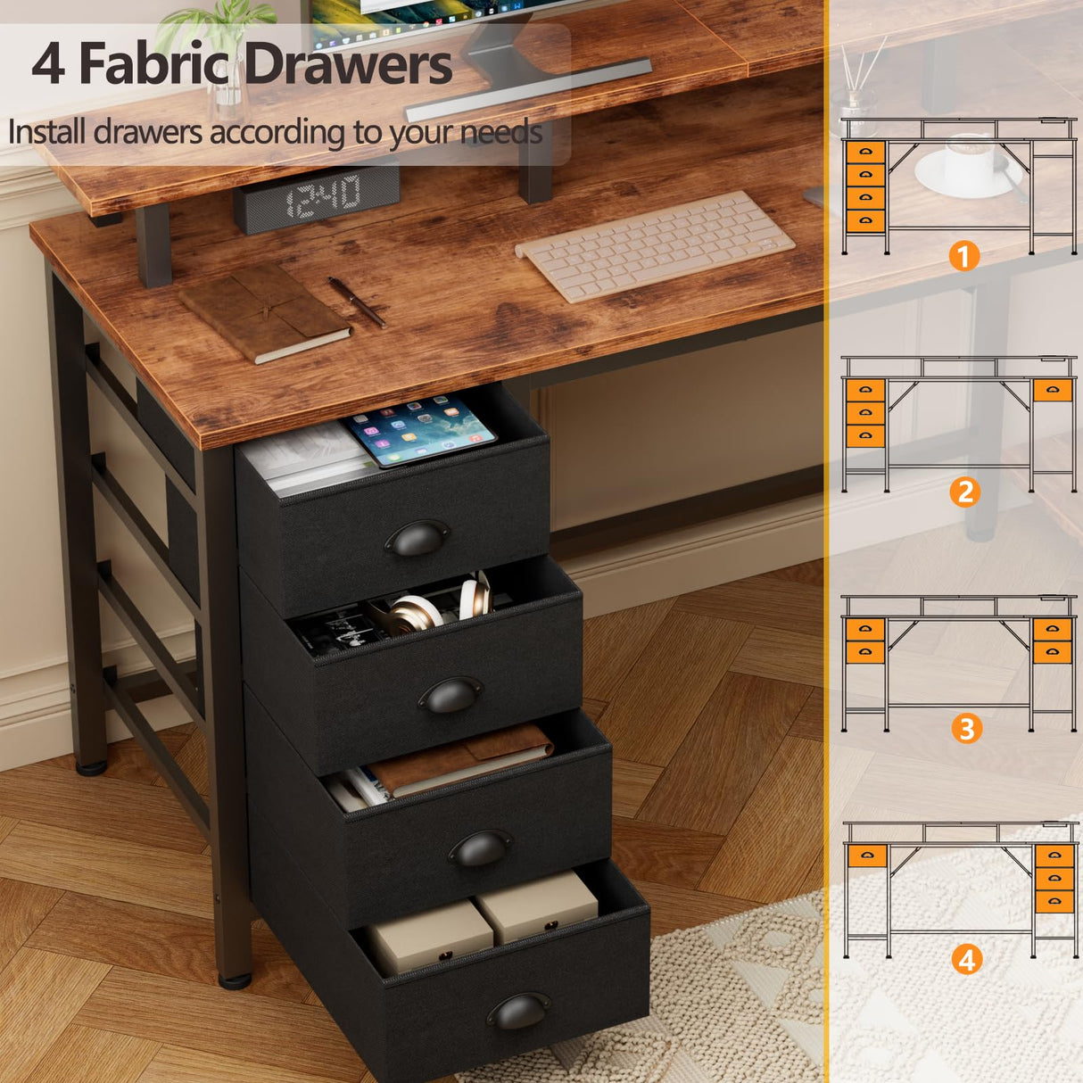 Furologee 61 Inch Desk with 4 Drawers, Computer Desk with Power Outlets and LED Lights, Office Desk with Long Monitor Stand, Large Gaming Desk with Shelf for Home Office/Bedroom/Brown Furologee