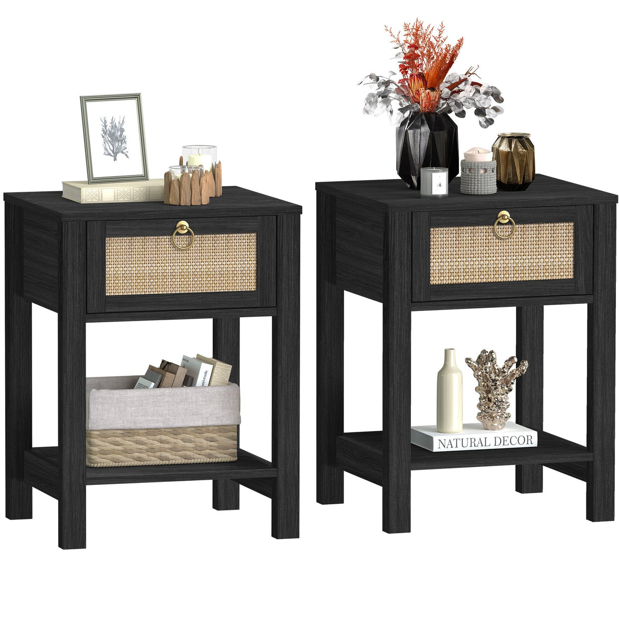 SICOTAS Black Nightstand Set of 2 - Rattan Decor Drawer with Brass Knobs Night Stand Wood Bedside Table Boho End Tables Side Tables with Storage Shelf SICOTAS
