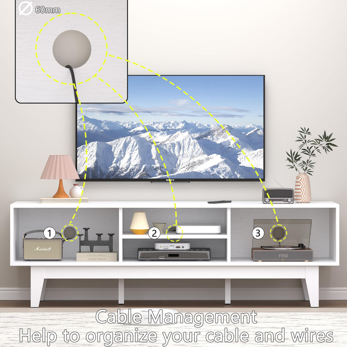 Boho TV Stand for 55 65 Inch TV, Rattan Entertainment Center with Shelves, Cabinets and Sliding Doors, TV Media Console Table with Solid Wood Feet & Cord Holes for Living Room, Bedroom, White Xixini