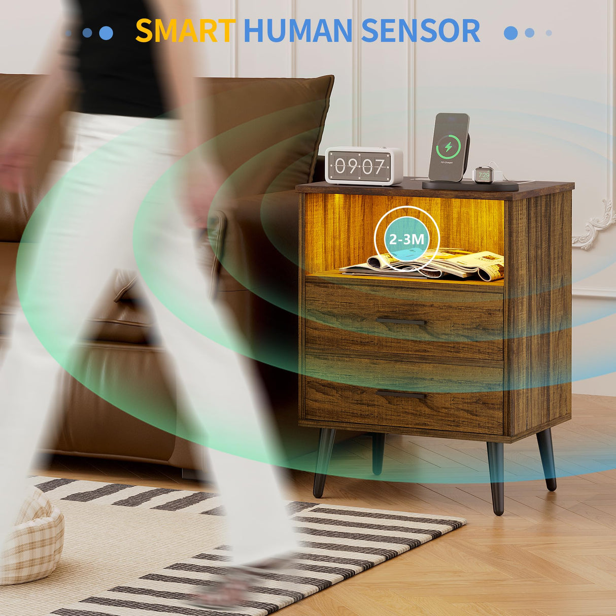 LVSOMT LED Nightstand with 3 Colors Dimmable Light, Bedroom Night Stand with Charging Station, Modern Smart Bed Side Table with 2 Drawers, Metal Legs, End Table for Living Room, Rustic Brown LVSOMT