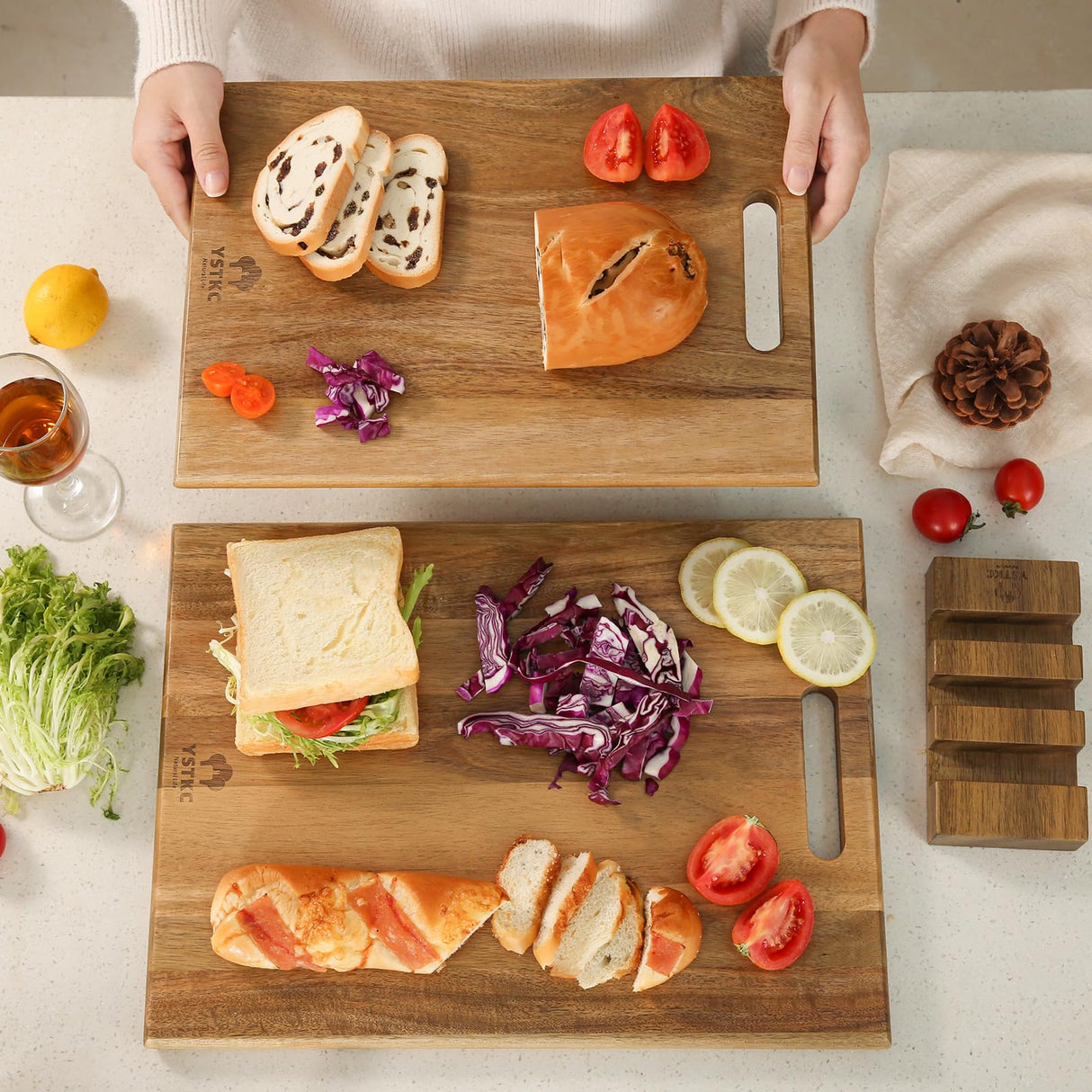 YSTKC Acacia Wood Cutting Boards Set of 3 PCS for Kitchen, Large Wooden Cutting Board Set with Handle, Thick Chopping Board, Butcher Block Wooden Trays for Meat, Fruit Vegetable and Cheese YSTKC