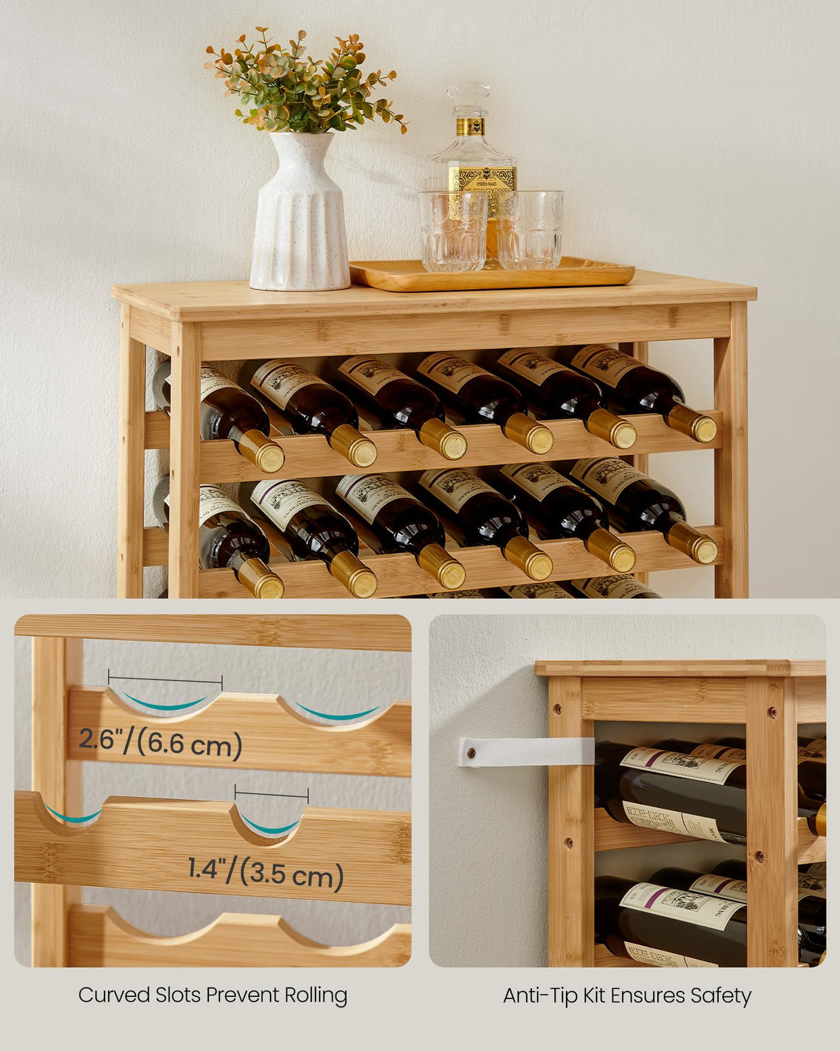 SONGMICS 42-Bottle Wine Rack Free Standing Floor, 7-Tier Display Wine Storage Shelves with Table Top, Bamboo Wobble-Free Bottle Holder for Kitchen Bar Dining Room Living Room, Natural UKWR27NL SONGMICS