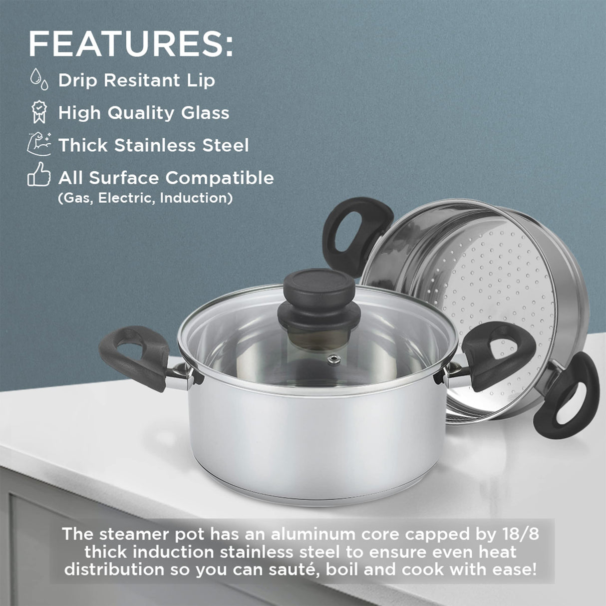 Nevlers 3 Piece Premium Heavy Duty Stainless Steel Steamer Pot Set Includes 3 Quart Cooking Pot, 2 Quart Steamer Insert and Vented Glass Lid | Stack and Steam Pot Set for All Cooking Surfaces Nevlers