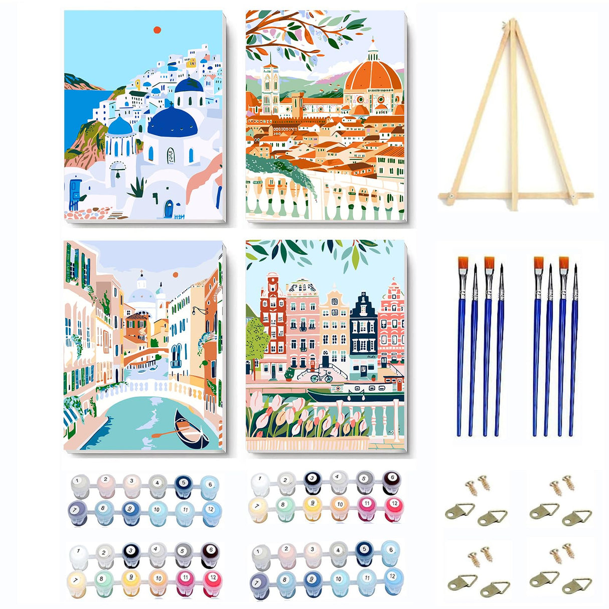 VIGEGU 4 Pack Paint by Numbers Kit for Adults Beginner with Frame, Wooden Easel DIY Cityscape Scenery Adult Paint by Number Kits for Home Decor 7.8x11.8inch VIGEGU