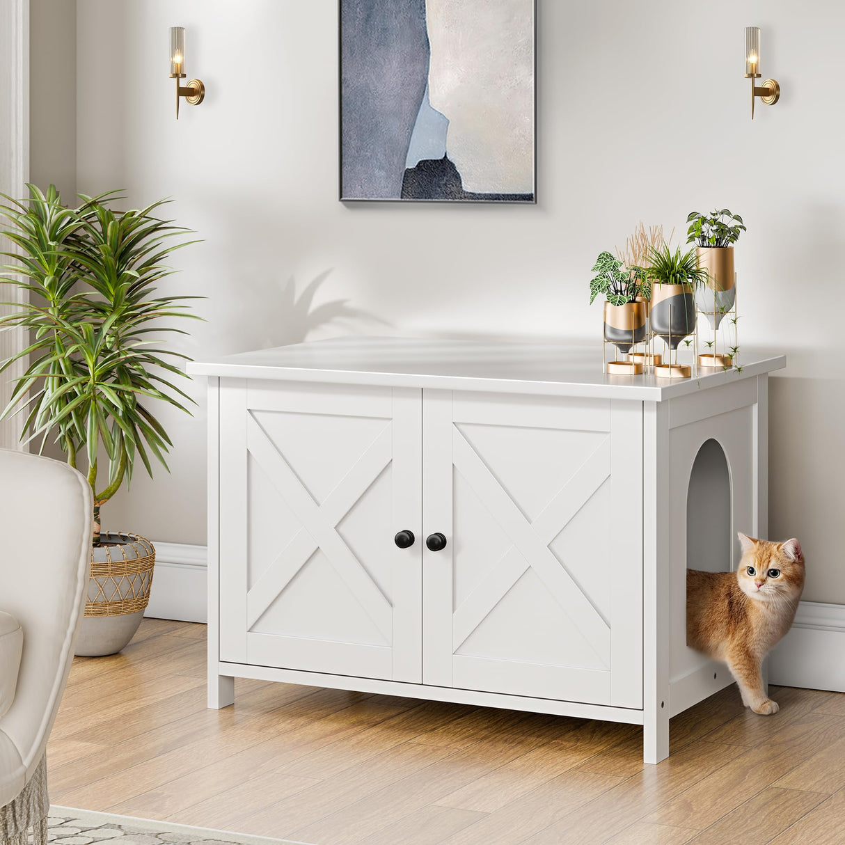 Shintenchi Cat Littler Box Enclosure, Litter Box Furniture Hidden with Removable Divider, Cat House with End Table, Brown Shintenchi