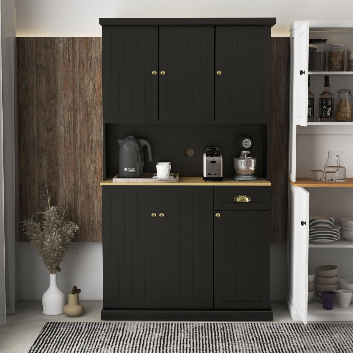 RASOO Pantry Storage Cabinet 71" Freestanding Adjustable Kitchen Pantries Buffet with Hutch Cupboard 6 Doors and 1 Drawer and Open Shlelf RASOO