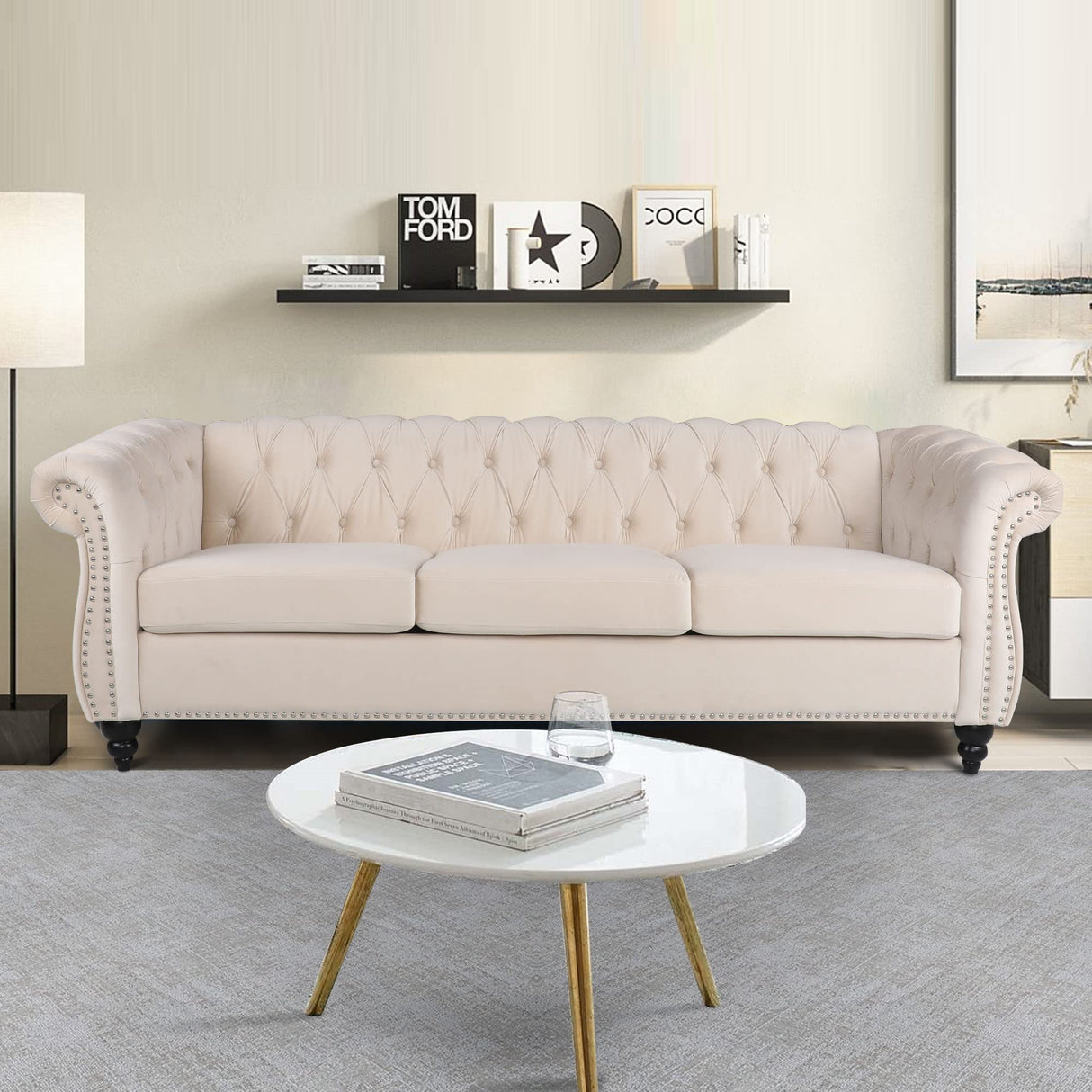 PHOYAL Large Velvet Sofa Three-seat Sofa Classic Tufted Chesterfield Settee Sofa Modern 3 Seater Couch Furniture Tufted Back for Living Room (Beige) PHOYAL